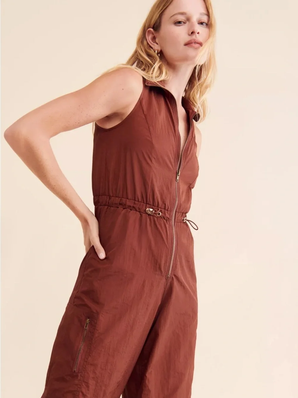 Rare London Balloon Sleeveless Parachute Jumpsuit Brown Free People Size 6
